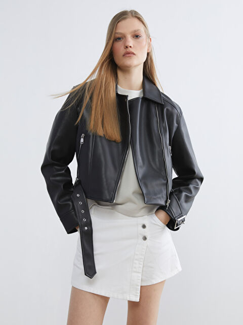 LCW Vision جاكيت جلد صناعي أسود امرأة - S6BT38Z8-CVL
