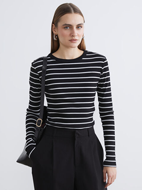 LCWAIKIKI Basic Bisiklet Yaka Çizgili Kadın Body - S6BU47Z8-LEG