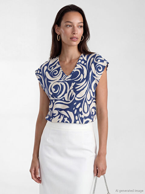 LCW EVERYDAY تیشێرتی ژنانه‌ی یاخەی V نەخشدار