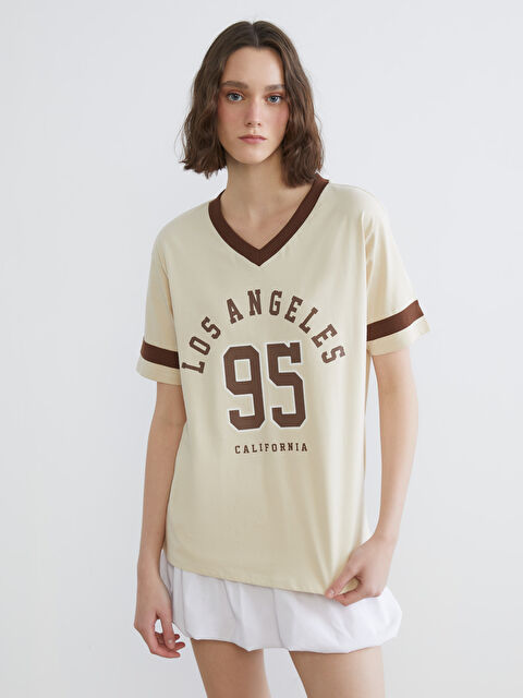 XSIDE V Neck Printed Oversize Women's T-Shirt - S6BU81Z8-F0B