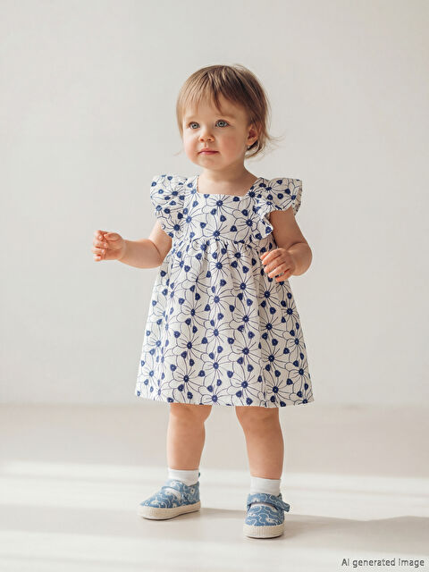 LCW baby Kare Yaka Nakışlı Kız Bebek Elbise