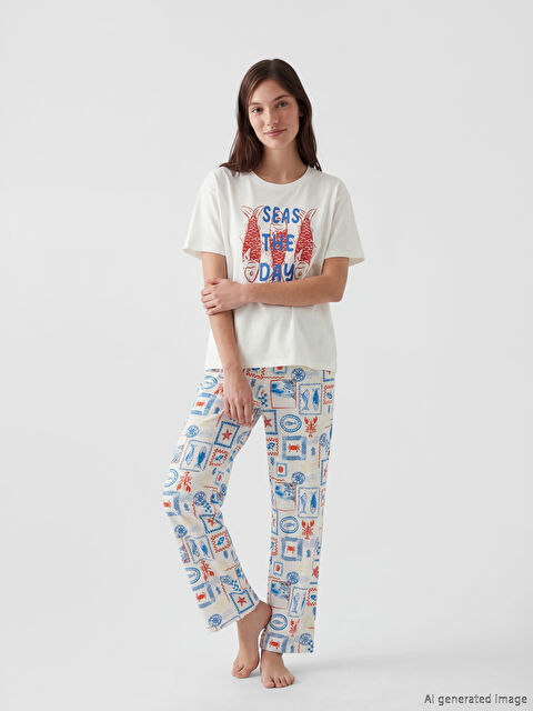 LCW DREAM Bisiklet Yaka Baskılı Kadın Pijama Takım