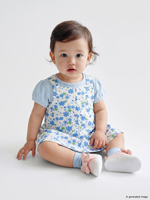 LCW baby Bisiklet Yaka Çiçekli Kız Bebek Elbise ve Tişört