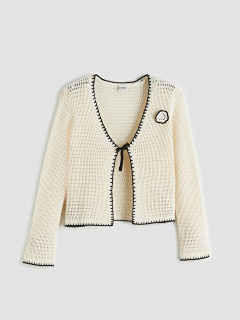 LCW Kids V Yaka Çiçek Detaylı Kız Çocuk Triko Hırka - S6BY90Z4-FES