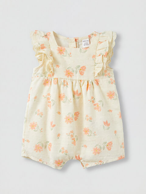 LCW baby Kare Yaka Fırfırlı Baskılı Kız Bebek Poplin Tulum