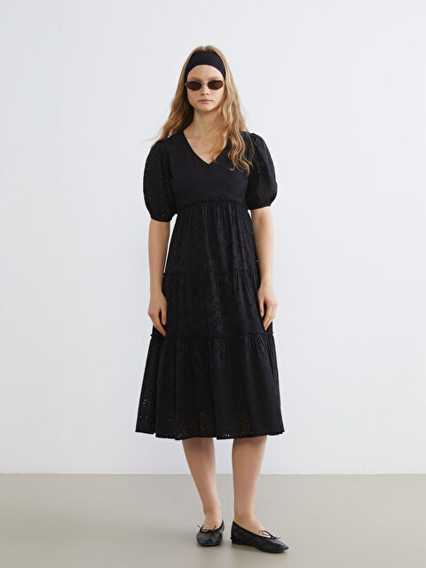 XSIDE V-Neck Openwork Balloon Sleeve Dress - S6CD80Z8-CVL