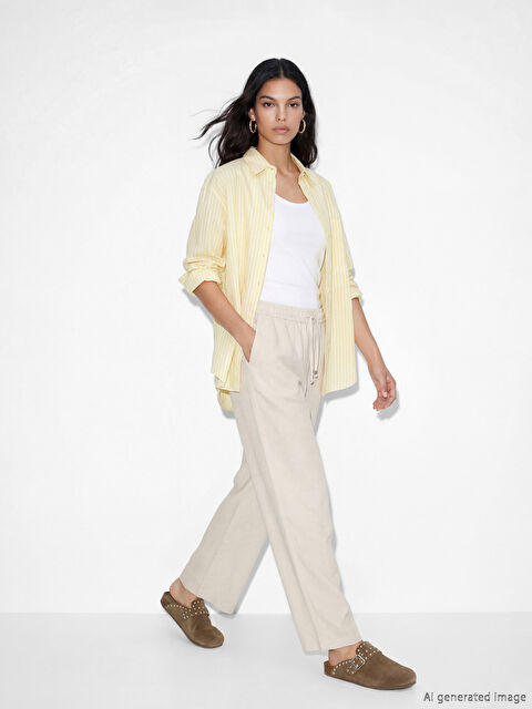 XSIDE بنطلون نسائي بمزيج الكتان مع خصر مرن