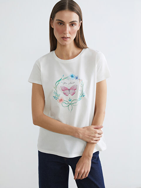 LCWAIKIKI Classic Bisiklet Yaka Baskılı Kadın Tişört - S6CJ72Z8-R9J