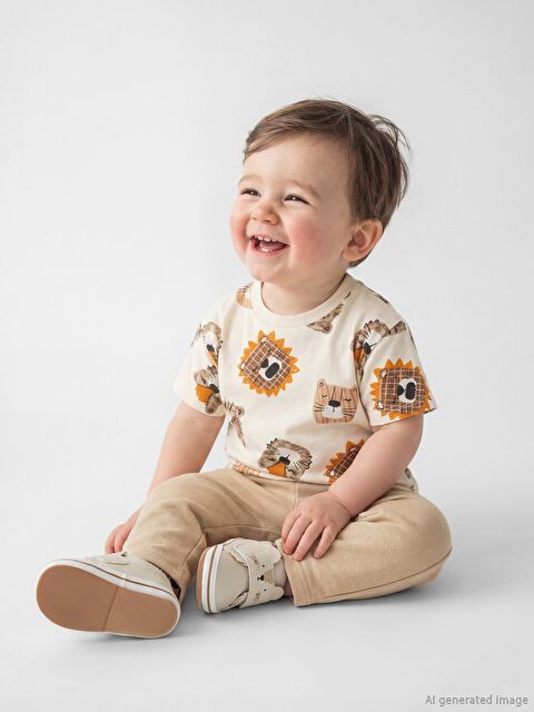 LCW baby Bisiklet Yaka Hayvan Baskılı Erkek Bebek Tişört Ve Pantolon - S6CP40Z1-LRB