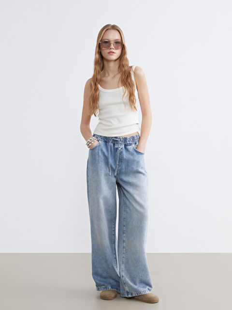 XSIDE بنطلون جينز واسع الأرجل للسيدات بخصر مطاطي