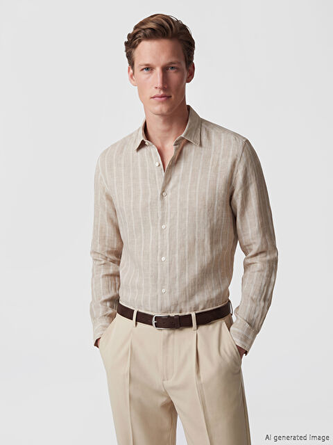 SOUTHBLUE Regular Fit Çizgili %100 Keten Erkek Gömlek