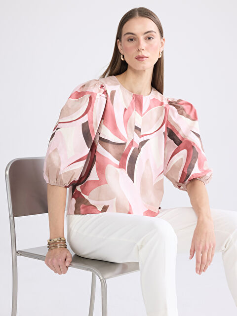 LCW STUDIO Crew Neck Patterned Balloon Sleeve Blouse - S6CU77Z8-LT4