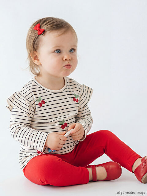 LCW baby Çizgili Nakışlı Kız Bebek Tişört ve Tayt - S6CV64Z1-LE4