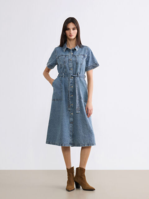 LCW Vision Women's Collared Neck Sash Detailed Denim Dress