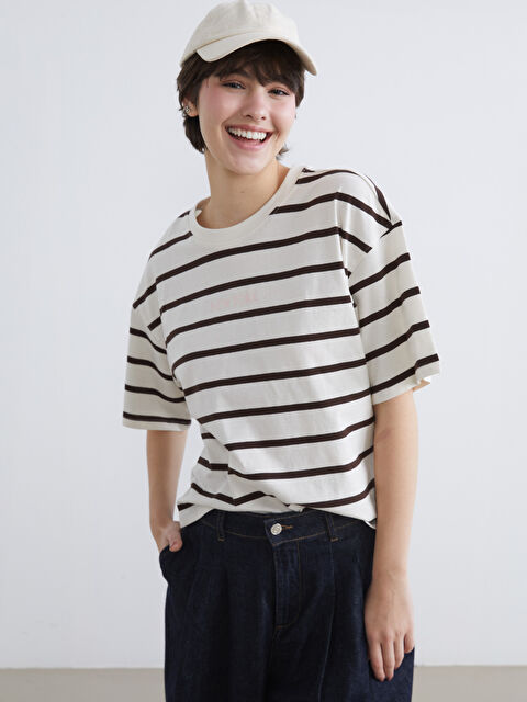 XSIDE Κοντομάνικο Ριγέ Μπλουζάκι με Στρογγυλή Λαιμόκοψη για γυναίκες Oversize - S6DJ28Z8-LEW