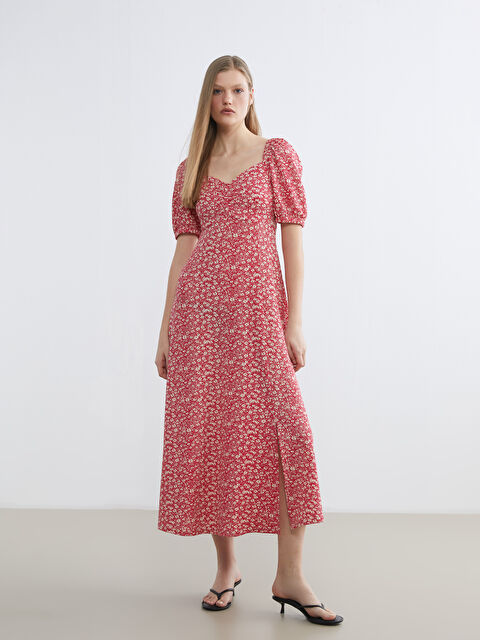 LCW Vision Heart Neckline Floral Dress with Balloon Sleeves and Ruching. - S6DK09Z8-LTQ