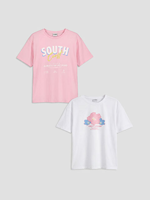 LCW Kids Bisiklet Yaka Baskılı Kız Çocuk Tişört 2'li - S6DN69Z4-QY7