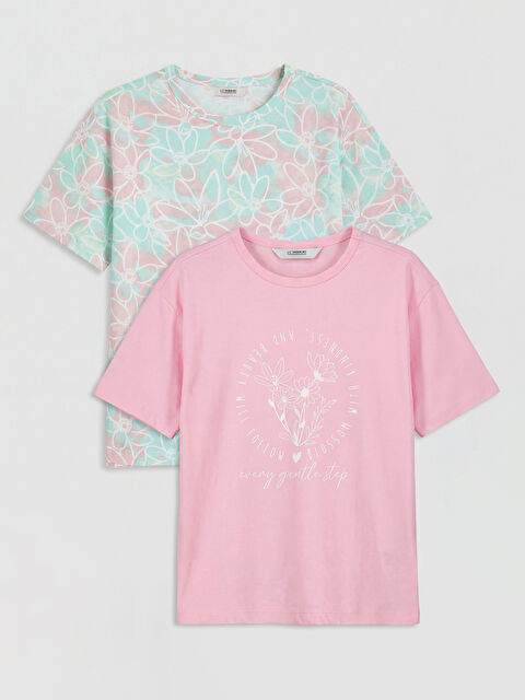 LCW Kids Bisiklet Yaka Desenli Kız Çocuk 2'li Tişört - S6DN70Z4-QY7