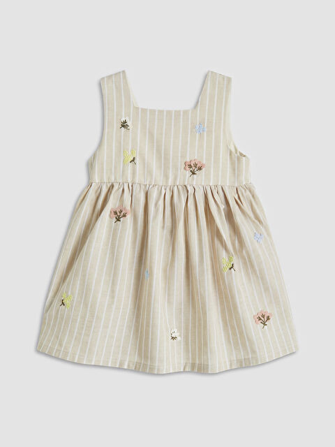 LCW baby Kare Yaka Çizgili Nakışlı Kız Bebek Elbise