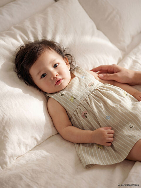 LCW baby Kare Yaka Çizgili Nakışlı Kız Bebek Elbise
