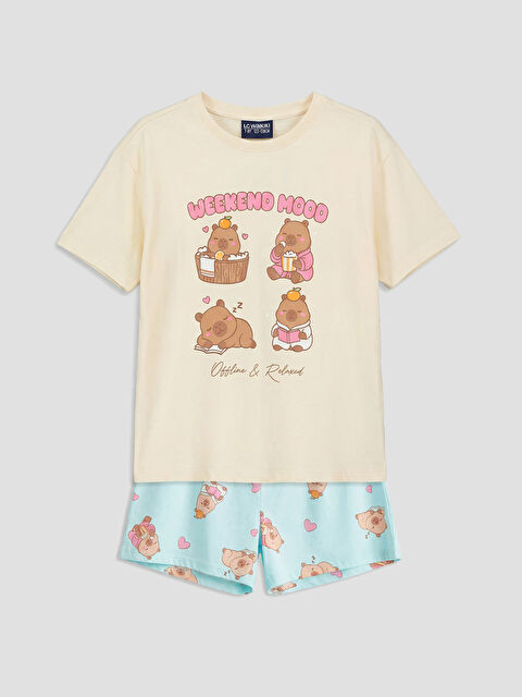 LCW Kids Bisiklet Yaka Baskılı Kız Çocuk Şortlu Pijama Takımı - S6DR58Z4-FDN