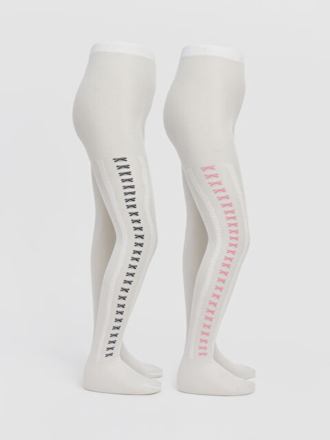 LCW Kids Καλσόν με Λεπτομέρεια Φιόγκου για Κορίτσια Λεπτό με Σχέδια 2-πακέτα