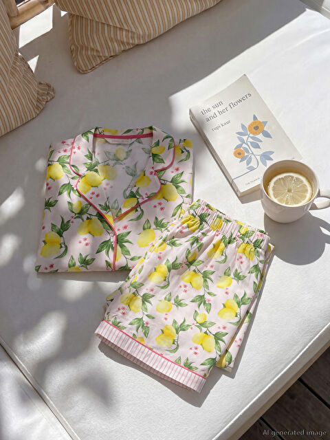LCW DREAM Gömlek Yaka Limon Baskılı Kadın Pijama Takımı