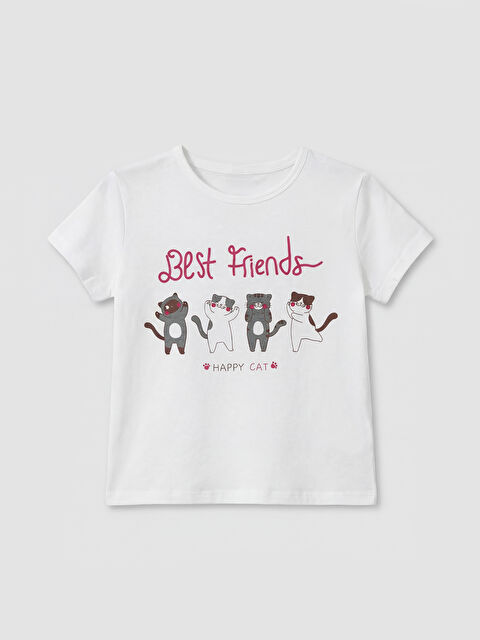 LCW ECO Bisiklet Yaka Kedi Baskılı Kız Çocuk Tişört - S6ED78Z1-JYX
