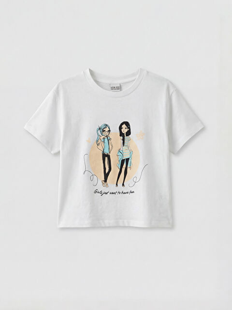 LC WAIKIKI تیشێرتی قۆڵ گێڕ قۆڵ كورت چاپكراوی كچان - S6ED79Z4-Q6K