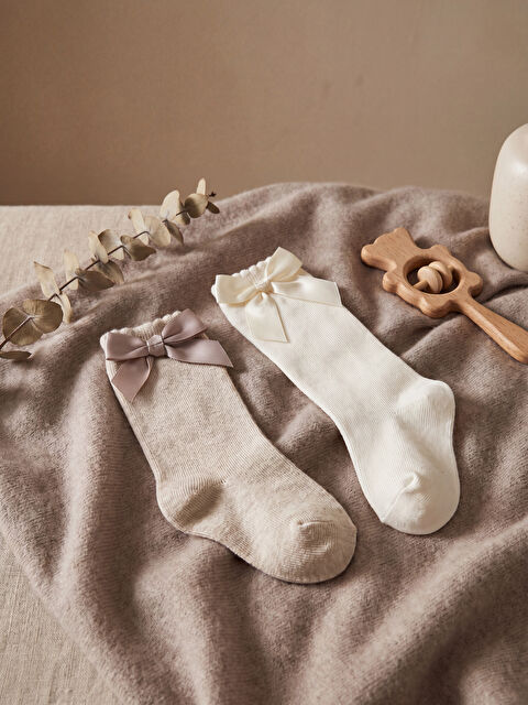 LCW baby Kız Bebek Fiyonklu Diz Altı Çorap 2'li