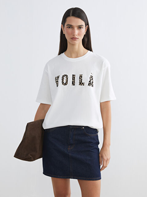 LCW Vision Bisiklet Yaka Baskılı Oversize Kadın Tişört - S6EH01Z8-R9J