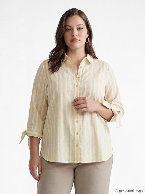 LCW Grace Notch Neck Striped Linen Blend Women's Shirt - S6EH48Z8-LGD