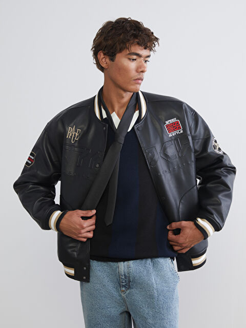 XSIDE Свободное Мужское Пальто из Искусственной Кожи с Воротником Колледж - S6EJ87Z8-CVL