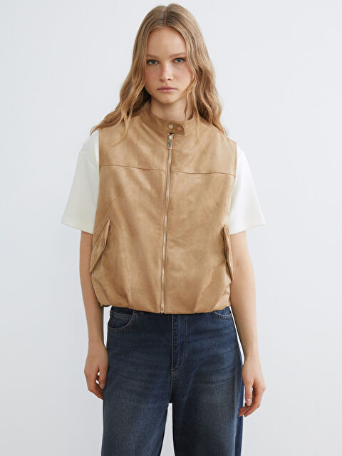 XSIDE Dik Yaka Oversize Kadın Süet Görünümlü Yelek - S6EK83Z8-8T0