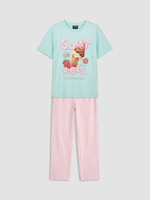 LCW Kids Bisiklet Yaka Baskılı Kız Çocuk Pijama Takımı - S6FB15Z4-FPW