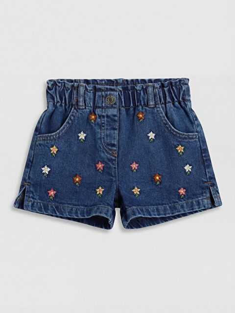 LCW Kids شورت جينز بناتي مطرز بالزهور بخصر مرن