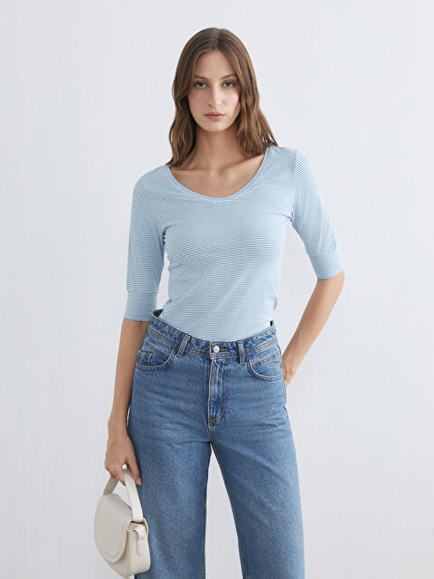 LC WAIKIKI V Neck Striped Women's T-Shirt - S6FE67Z8-LFH