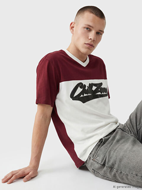 XSIDE V Yaka Renk Bloklu Erkek Tişört