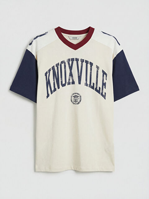 XSIDE V Yaka Baskılı Penye Erkek Tişört - S6FG53Z8-FWM