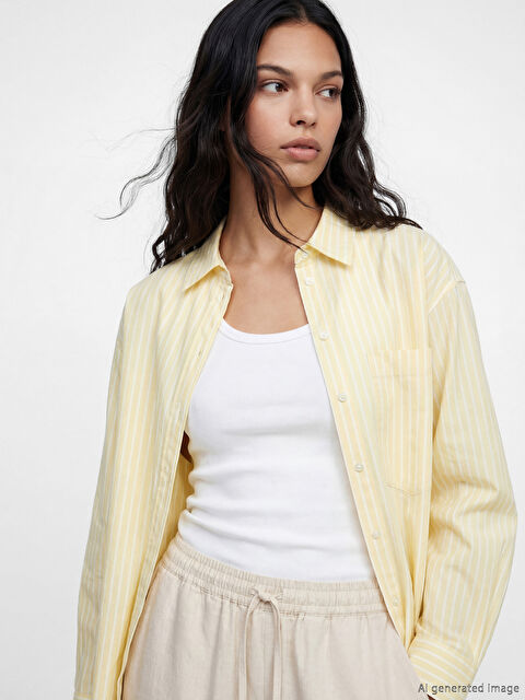 XSIDE Çizgili Keten Karışımlı Oversize Kadın Gömlek - S6FH60Z8-LKF