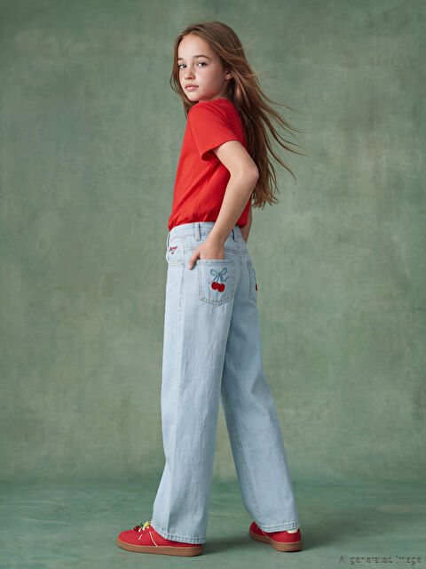 LCW Kids Wideleg Nakışlı Kız Çocuk Jean Pantolon