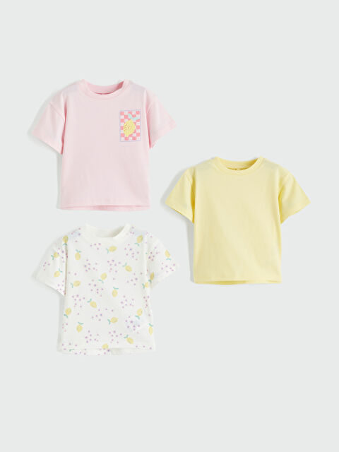 LCW baby Bisiklet Yaka Baskılı Kız Bebek Tişört 3'lü