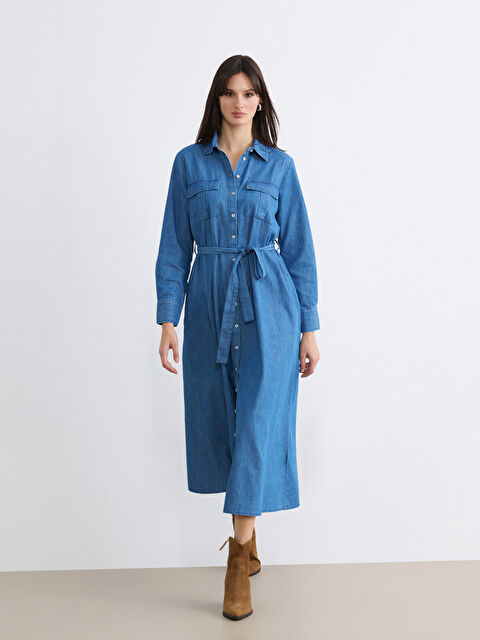 LCWAIKIKI Classic Gömlek Yaka Beli Kuşaklı Jean Elbise - S6FL57Z8-H45