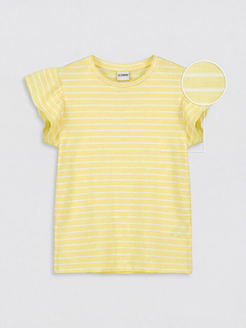 LCW Kids Bisiklet Yaka Çizgili Volanlı Kız Çocuk Tişört