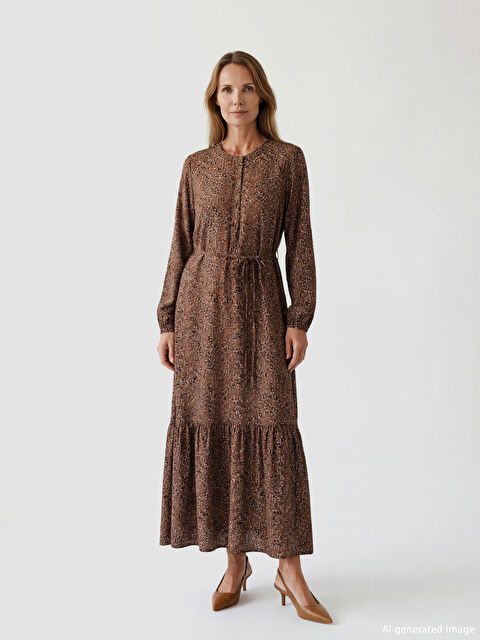 LCW Grace Bisiklet Yaka Desenli Fırfırlı Elbise - S6FO74Z8-LQY