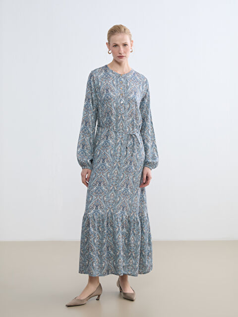 LCW Grace Bisiklet Yaka Desenli Fırfırlı Elbise - S6FO74Z8-LQQ