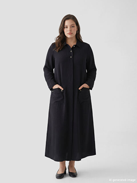 LCW Grace Gömlek Yaka Keten Görünümlü Elbise