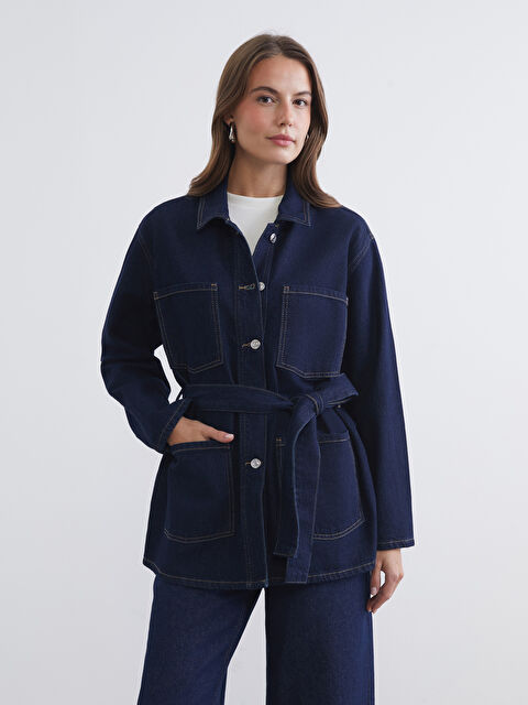 LCWAIKIKI Classic Gömlek Yaka Beli Kuşaklı Kadın Jean Ceket - S6FP12Z8-309