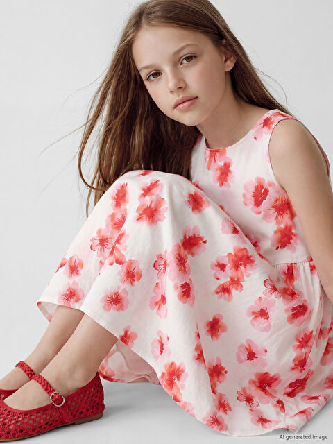 LCW Kids Bisiklet Yaka Çiçekli Kız Çocuk Poplin Elbise