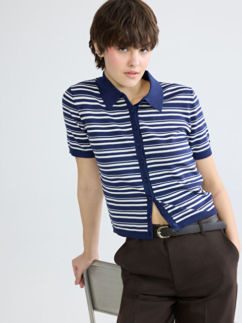 XSIDE كارديجان تريكو مُخَطَّط للسيدات بياقة بولو - S6FU04Z8-LGS